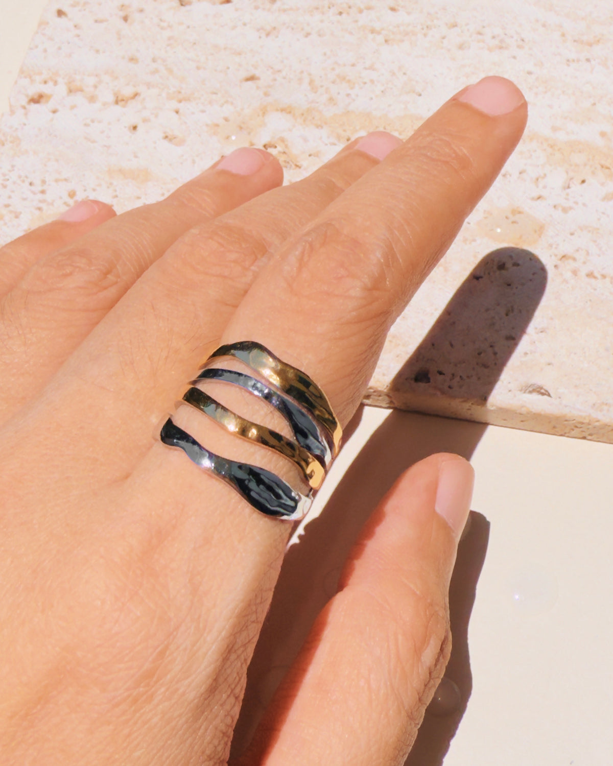 Charlotte (Two Tone) Alternate Silver Gold Wide Irregular Wavy Layered Design Open Ring