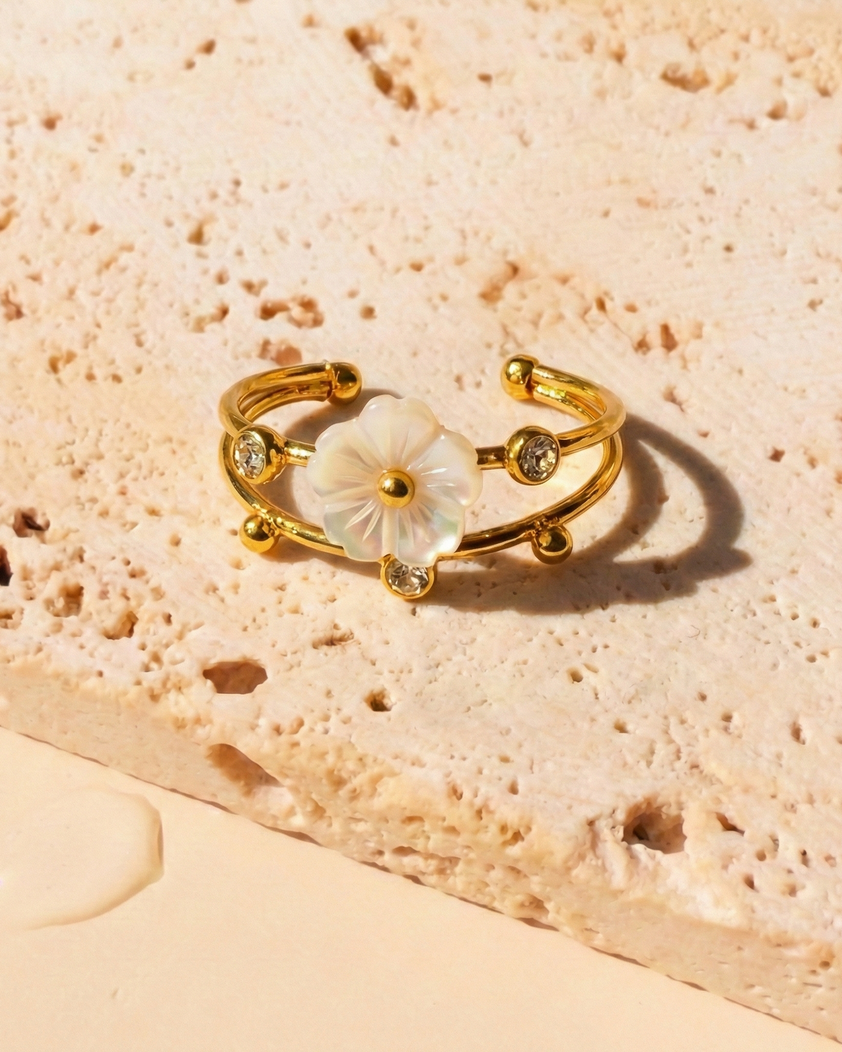 Felyssael Double Layer Top Head Flower Shaped Shell Stone Round Zircon Bezel Set Beads Gold Open Ring
