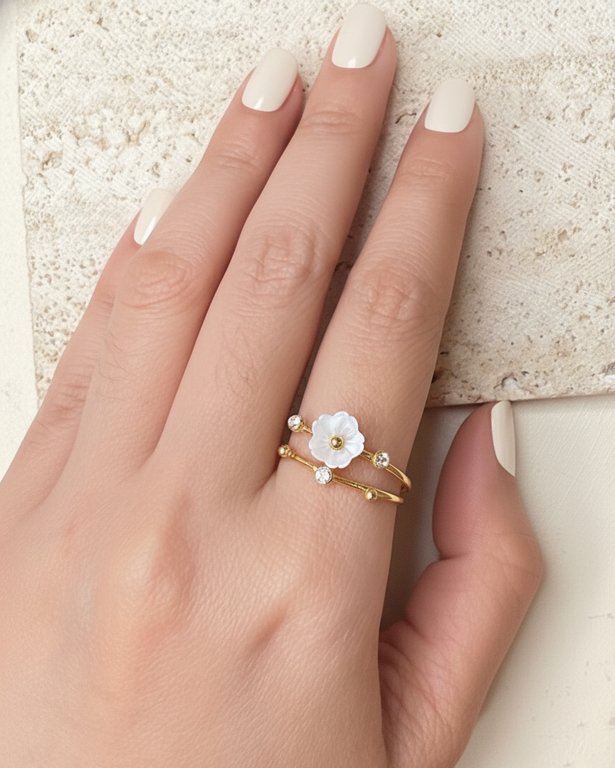 Felyssael Double Layer Top Head Flower Shaped Shell Stone Round Zircon Bezel Set Beads Gold Open Ring