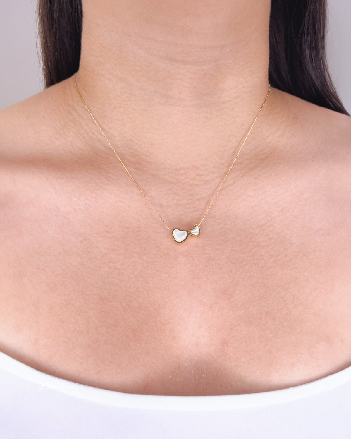 Filomena Shell Stone Inlaid Small Big Two Hearts Pendant Thin Anchor Chain Gold Necklace