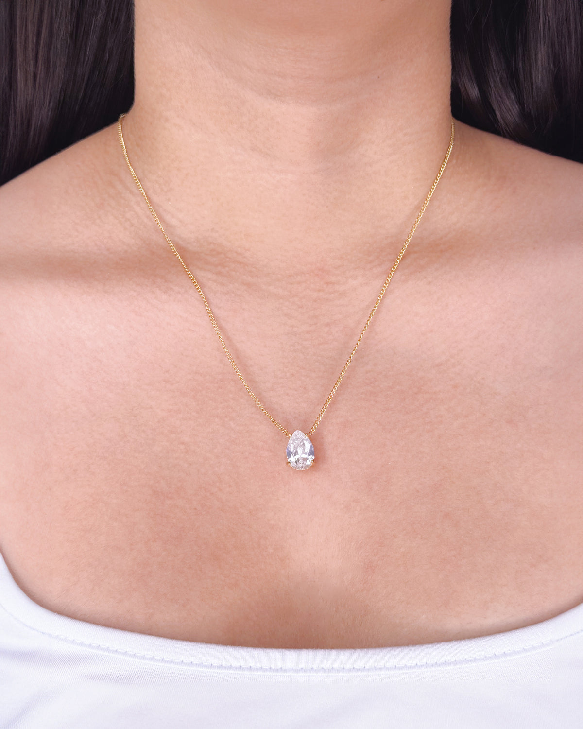 Finnley Zircon Waterdrop Shaped Crowned Setting Pendant Classic Curb Chain Gold Necklace