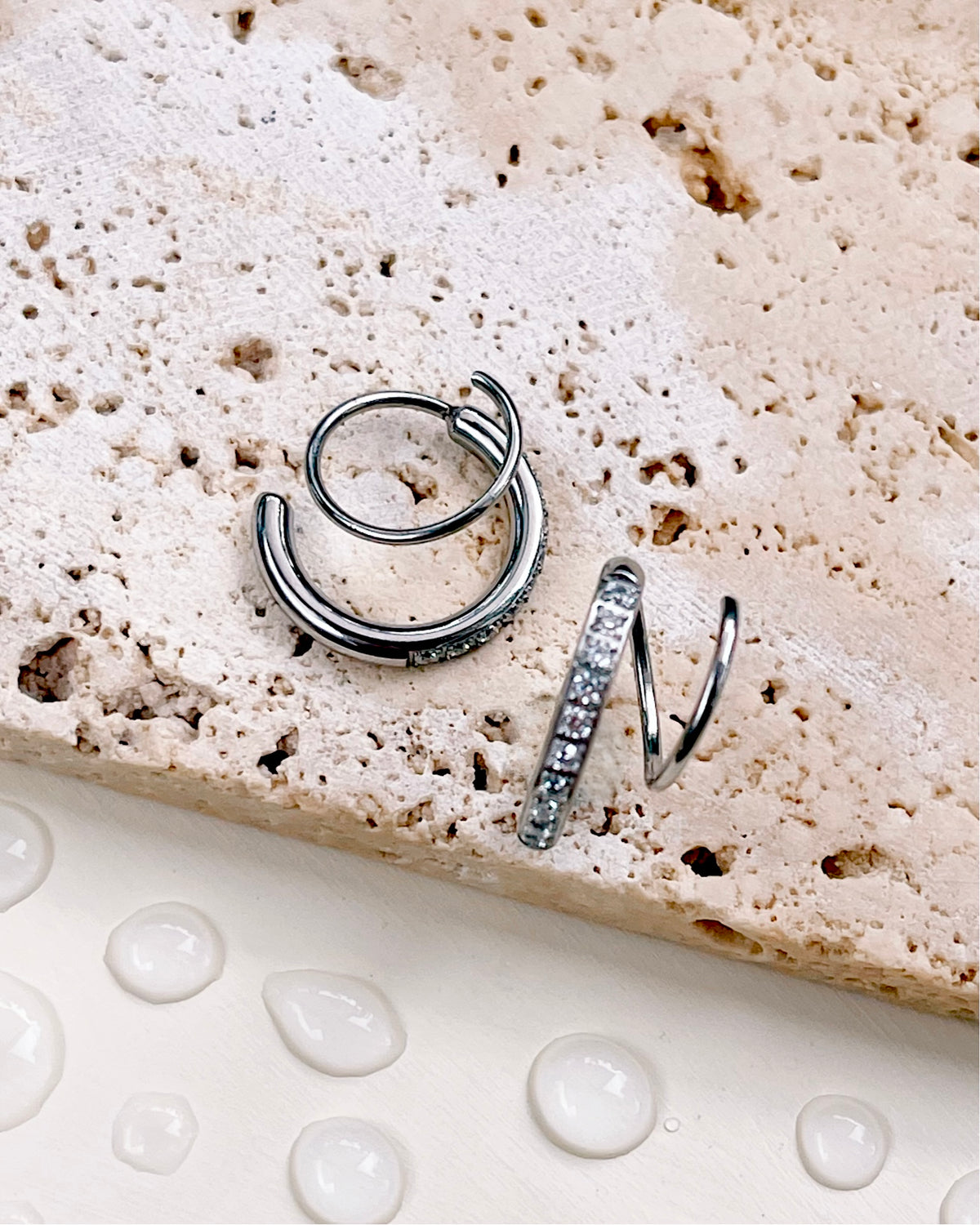 Louise (Silver) Dual Hoop Zircon Paved Spiral Layered Look Huggies