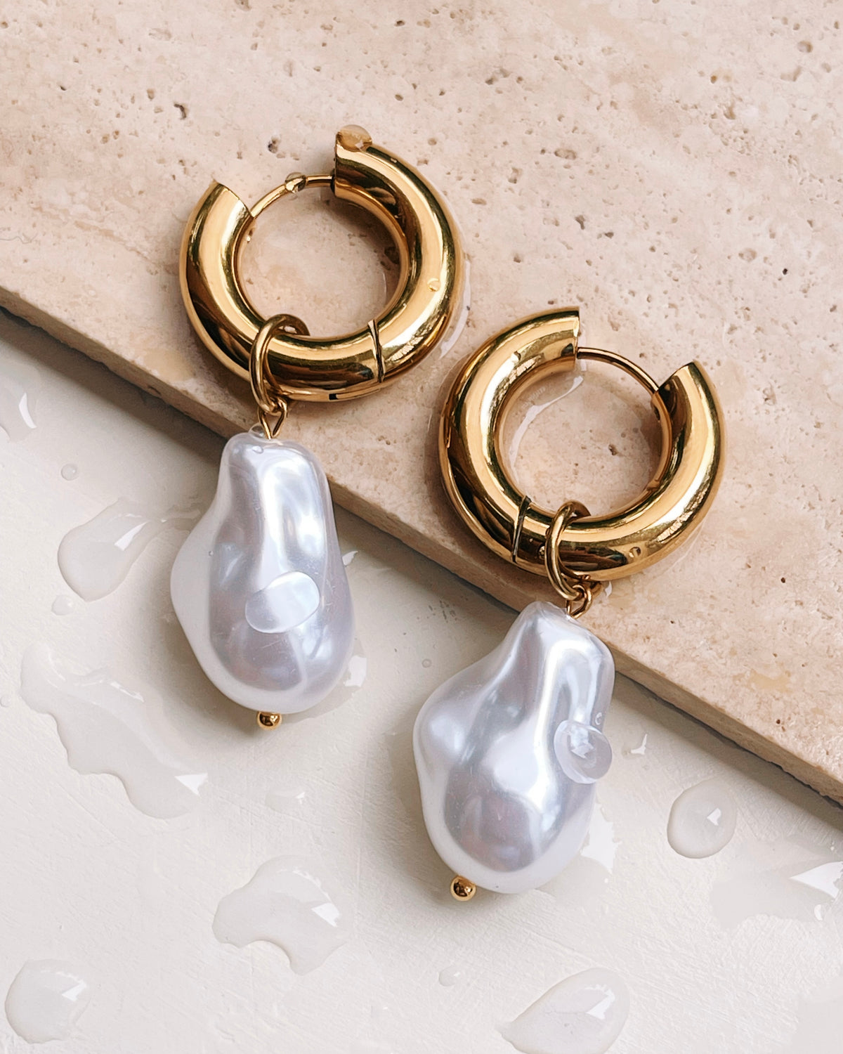 Tracey Irregular Imitation Pearl Dangle Gold Huggies