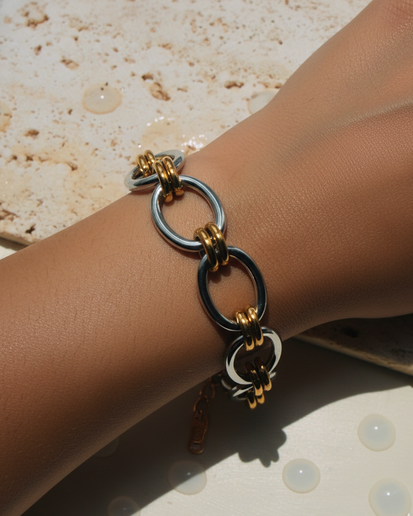 Leocadia Two Tone Big Silver Round Link Chain Small Gold Round Link Chain Bracelet