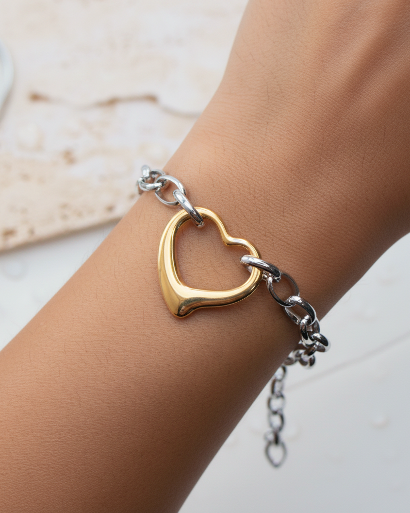 Xavia (Two Tone) Hallow Gold Heart Shaped Pendant Round Big Silver Cable Chain Bracelet
