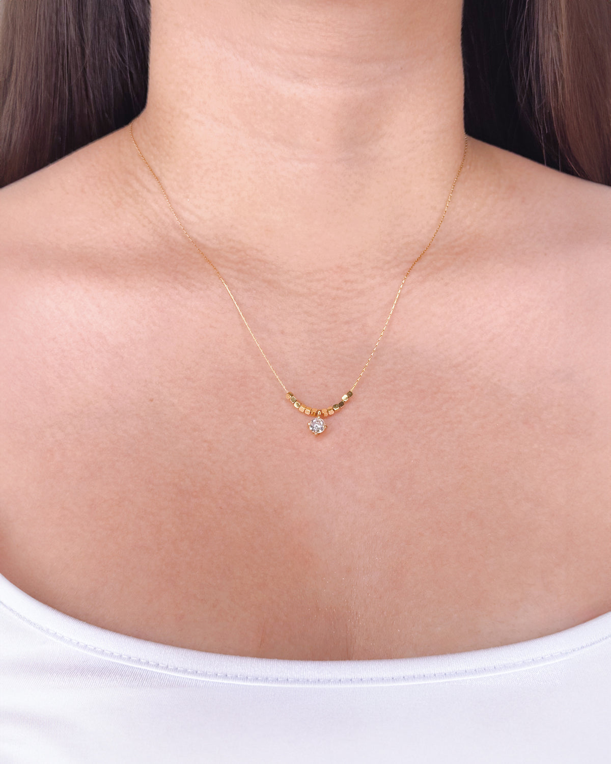 Geneva Multi Box Faceted Center Round Zircon Bezel Crowned Setting Pendant Thin Anchor Chain Gold Necklace