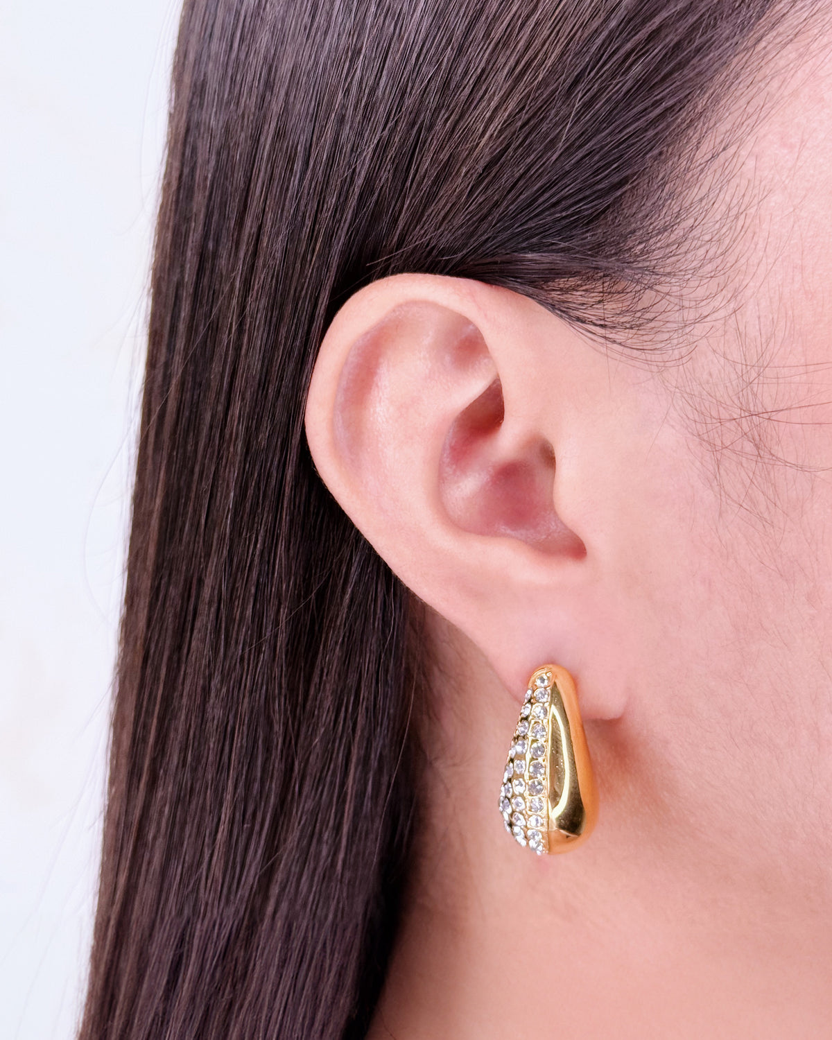 Giovanna Teardrop Waterdrop Shaped Dual Design Half Side Zircon Paved Stud Gold Drop Earrings