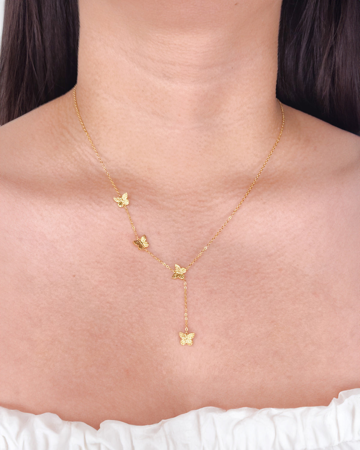 Glenda Triple Butterfly Carved Side Pendants Center Butterfly Drop Pendant Classic Link Chain Gold Necklace