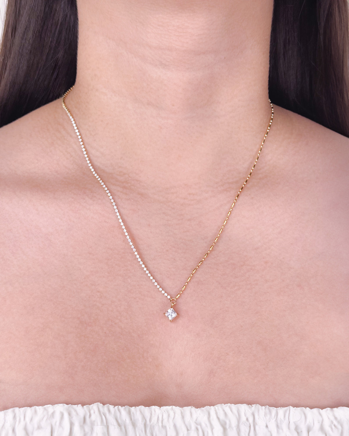 Harley Dual Design Half Thin Rounded Zircon Bezel Set Tennis Chain Half Ball Bean Beads Chain Diamond Shaped Zircon Pendant Gold Necklace