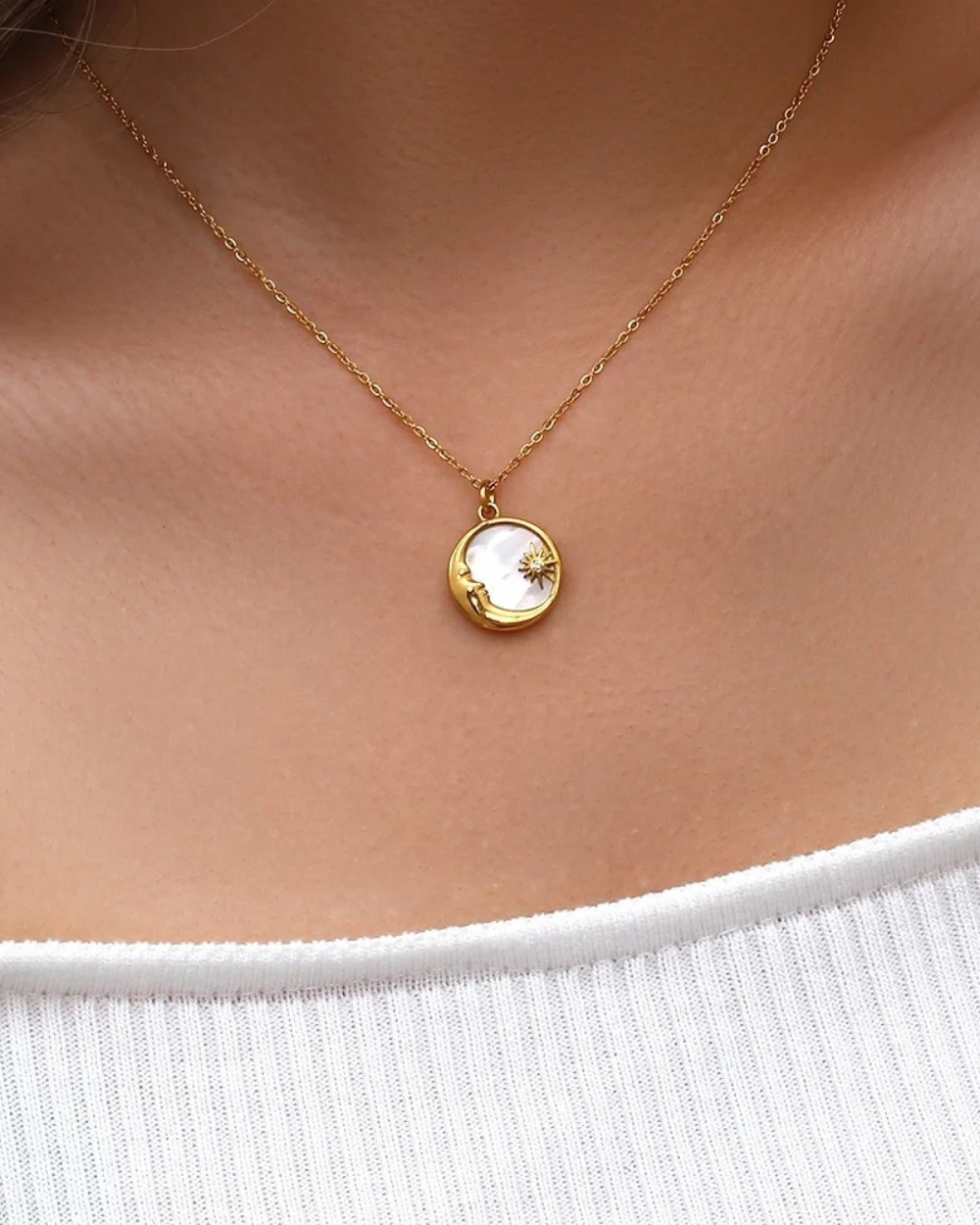 Celeste Sun and Moon Shell Stone Pendant Gold Necklace