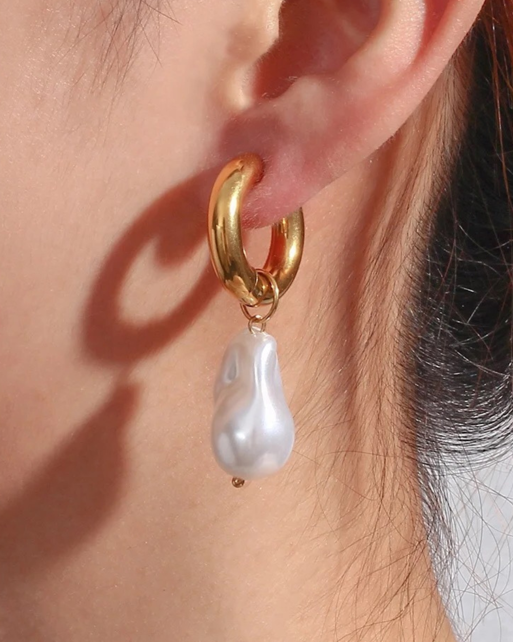Tracey Irregular Imitation Pearl Dangle Gold Huggies