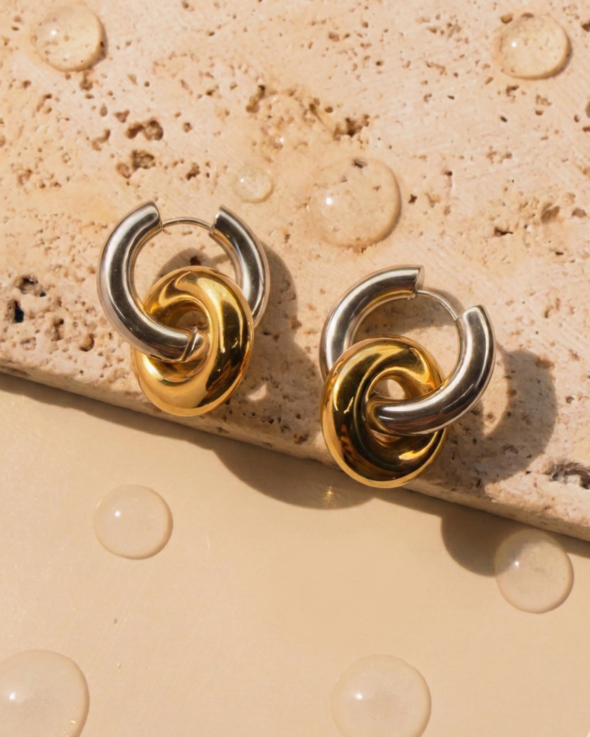 Inarae Two Tone Multi Ring Thick Gold Hoop Silver Hoop Design Drop Earrings