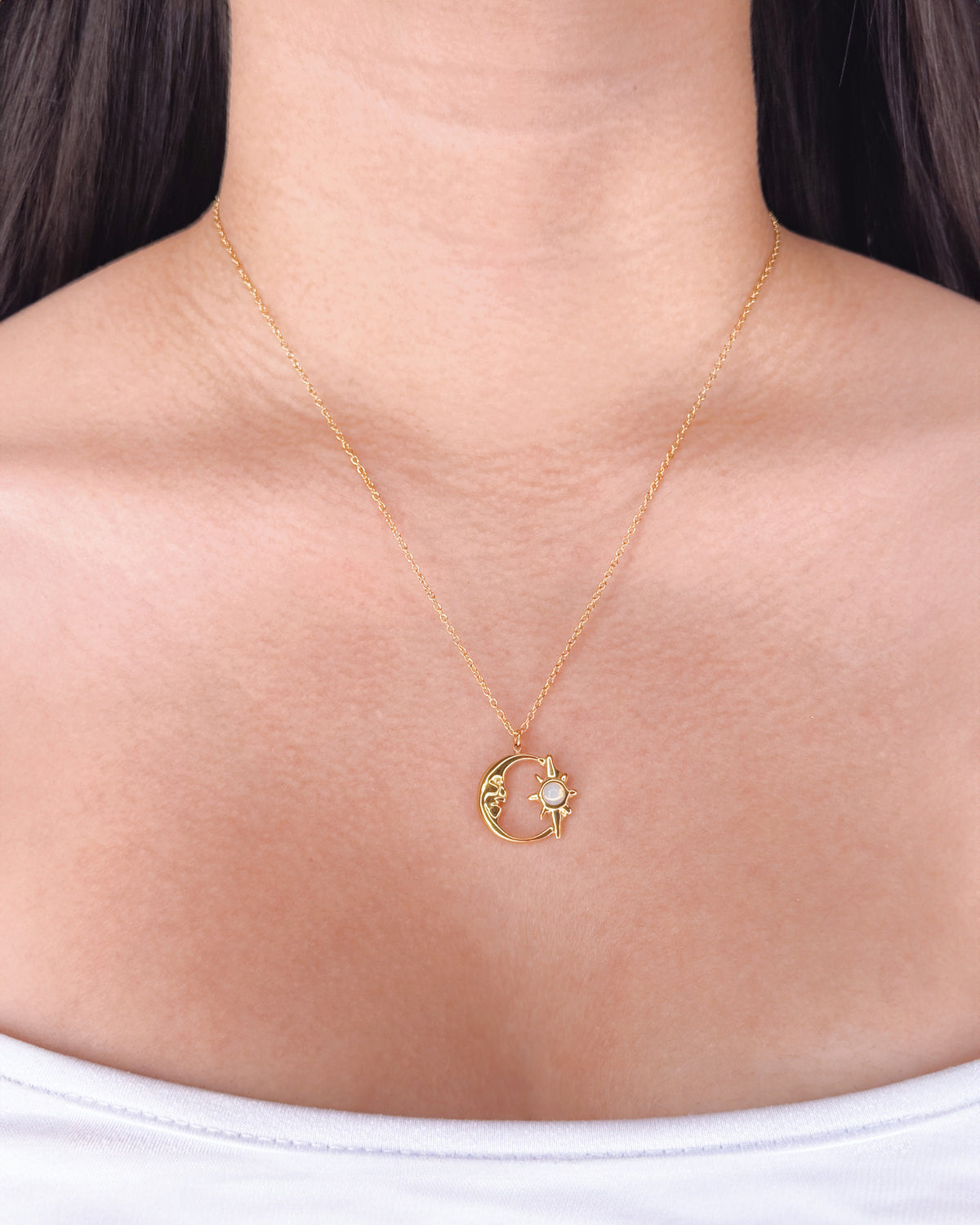 Illona Carved Half Moon Face Opal Cat’s Eye Center Star Design Pendant Classic Link Chain Gold Necklace