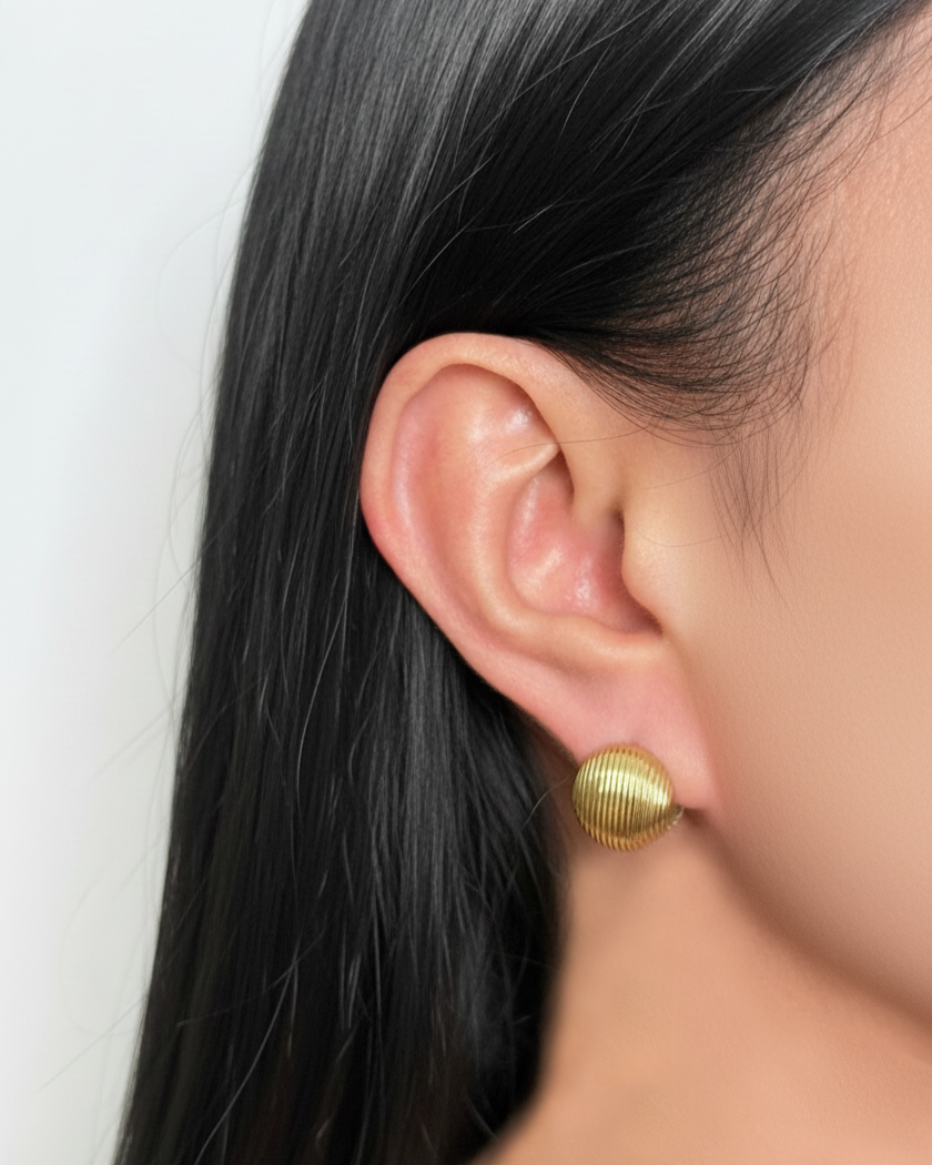 Ilyselle Double Sided Textured Striped Rounded Ball Vintage Design Gold Hoop Earrings