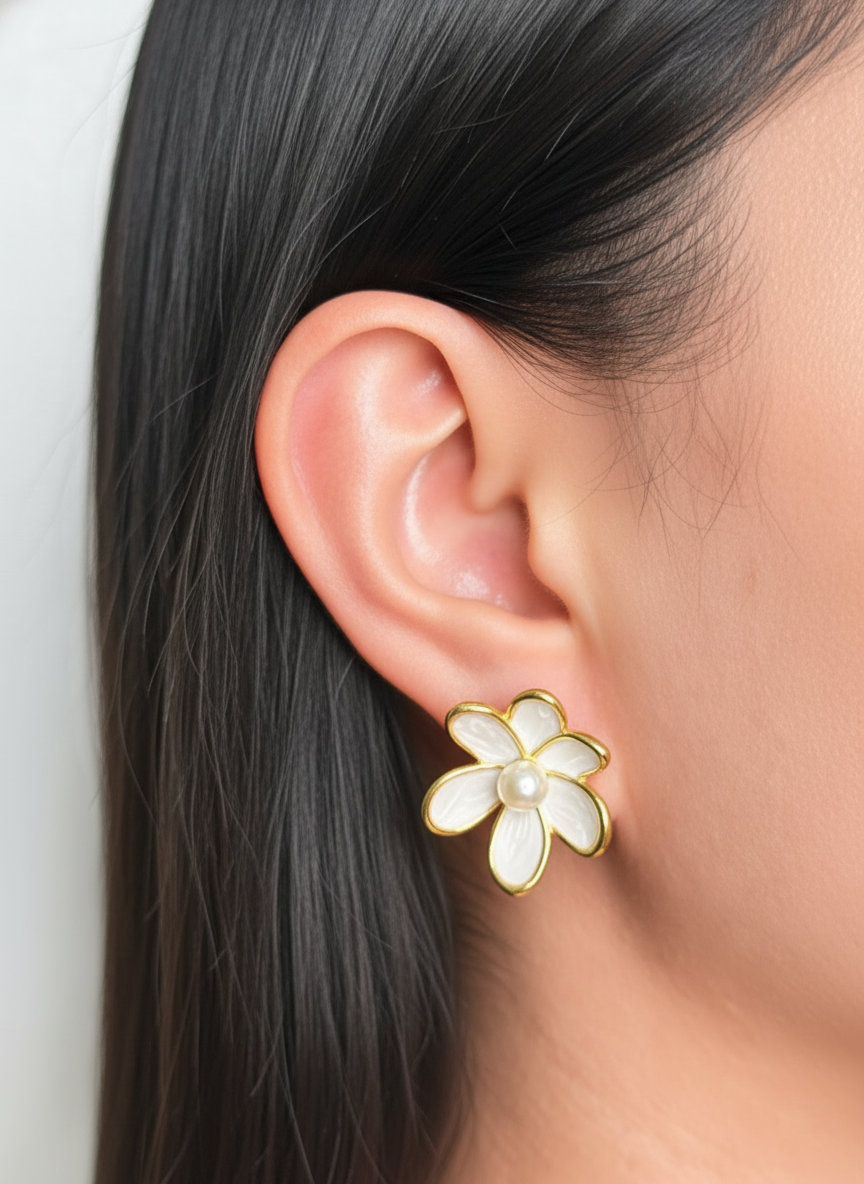 Ilyslyn White Enamel Gold Bezel Petal Flower Pearl Pollen Design Gold Stud Earrings