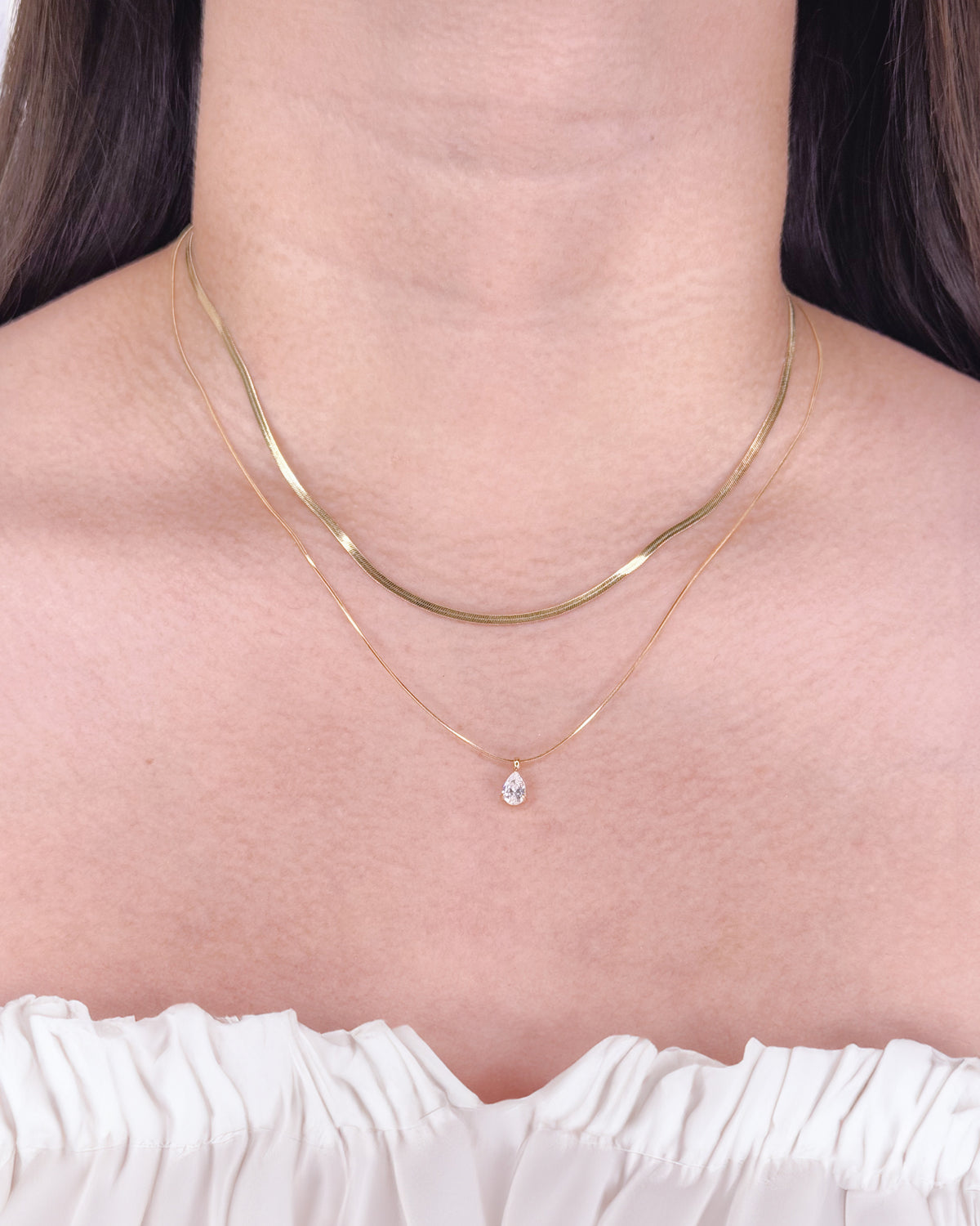 Irma Double Layer Teardrop Waterdrop Shaped Zircon Crowned Set Pendant Flat Wide Snake Chain Thin Rounded Snake Chain Gold Necklace