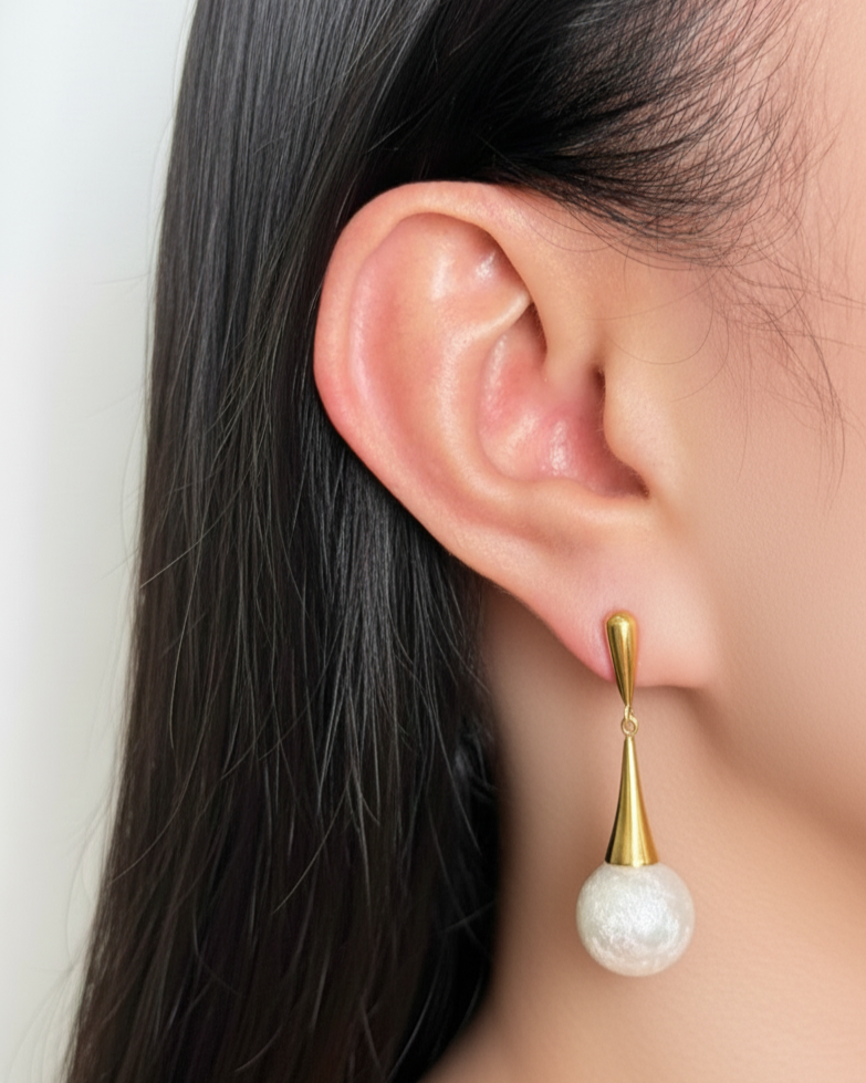 Irynelle Cone Dangling Round Shell Stone Pearl Like Design Gold Drop Earrings