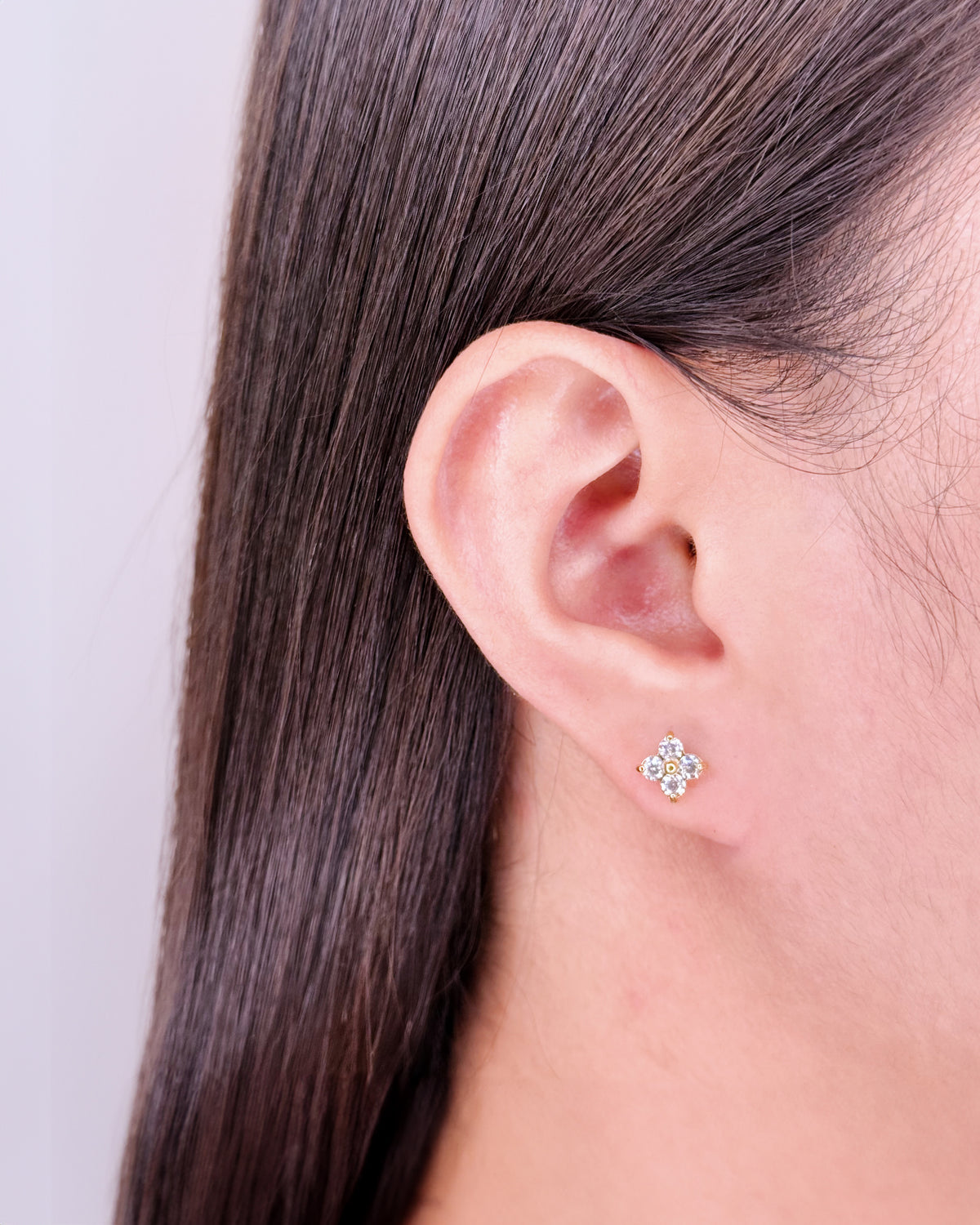 Izobel Quad Zircon Crowned Set Flower Shaped Gold Stud Earrings