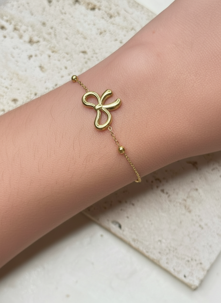 Jarela Ribbon Bow Pendant Ball Beaded Classic Link Chain Gold Bracelet