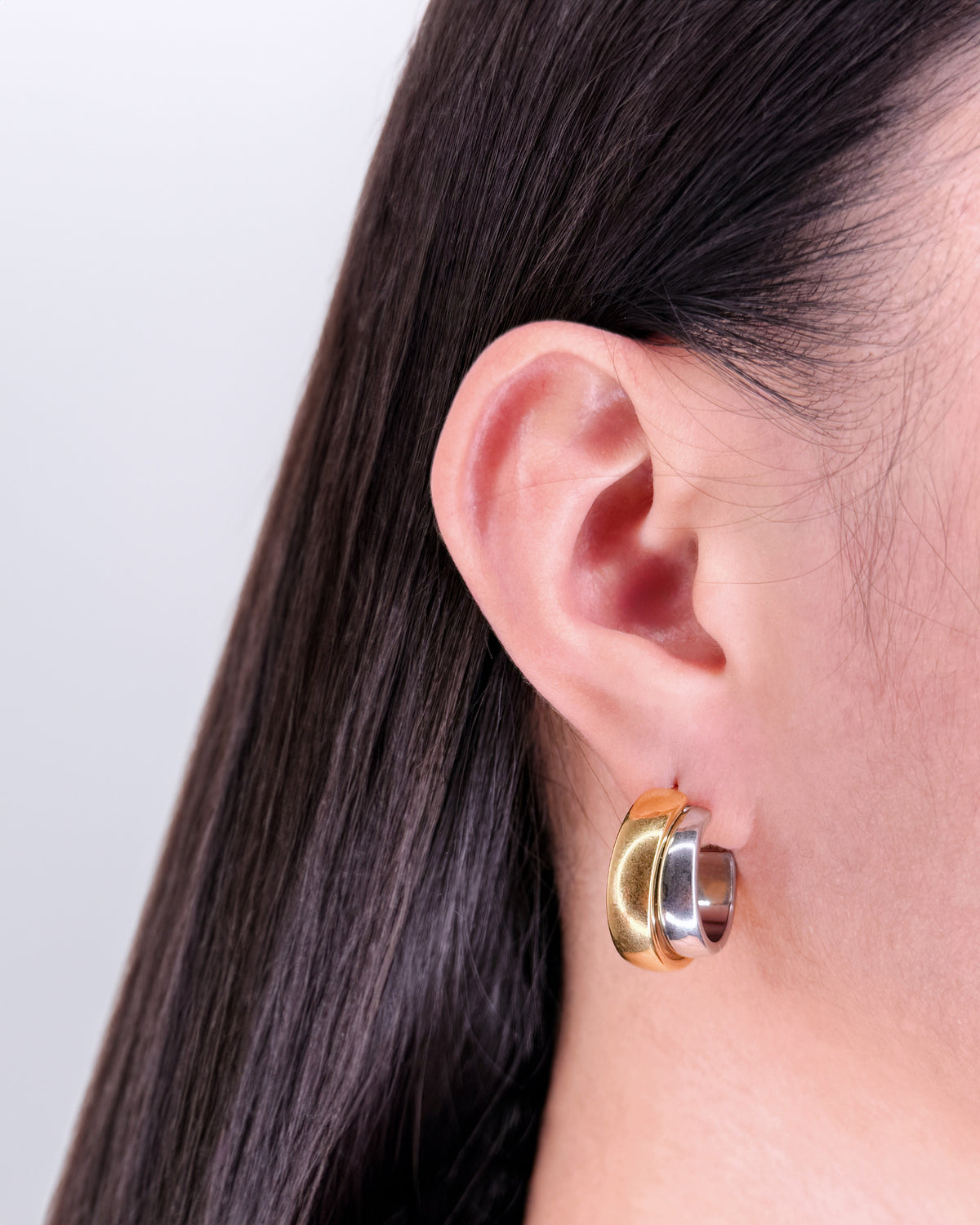 Jill (Two Tone) Double Layer Round Wide Face Silver & Gold Layered Look Hoops