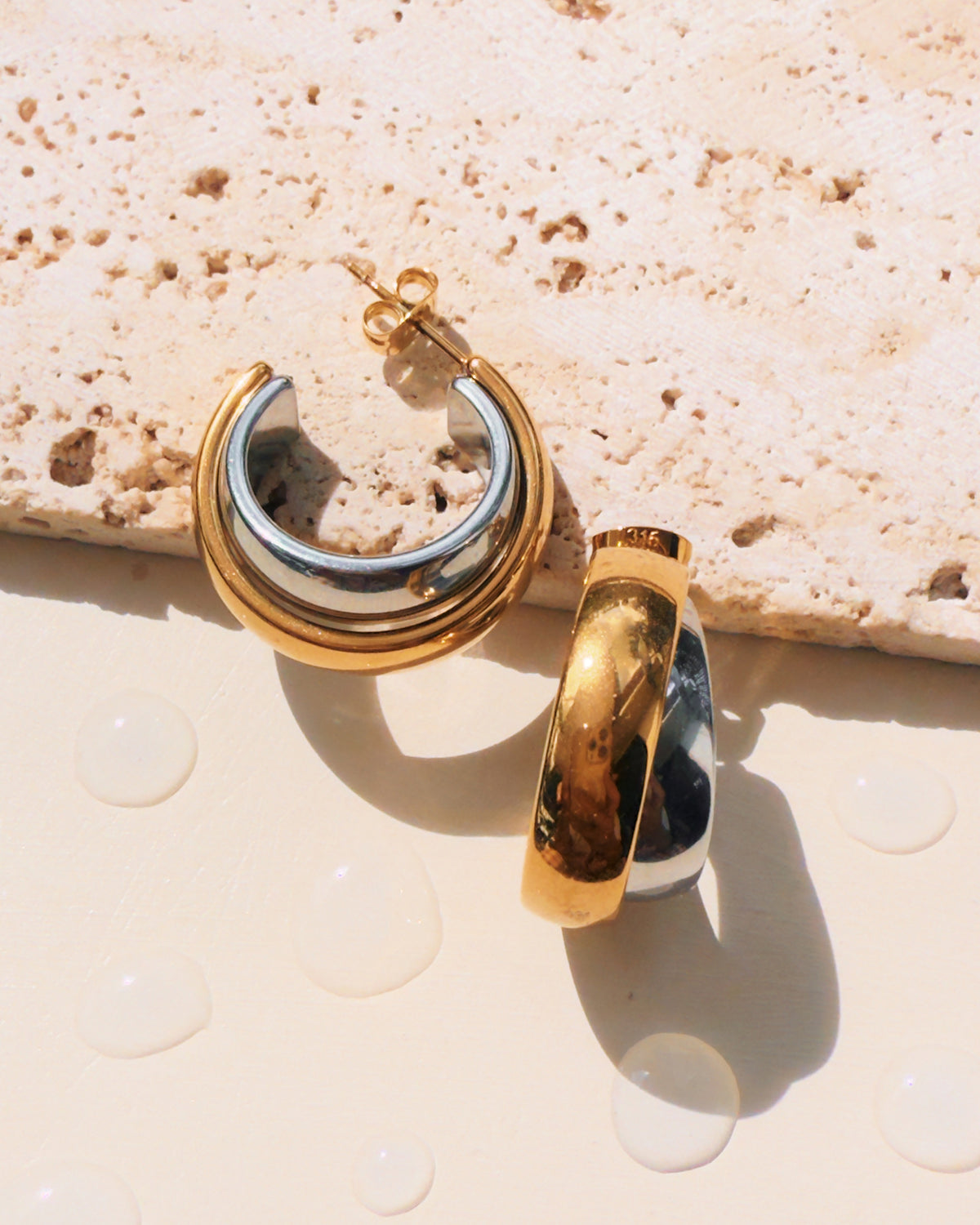 Jill (Two Tone) Double Layer Round Wide Face Silver & Gold Layered Look Hoops