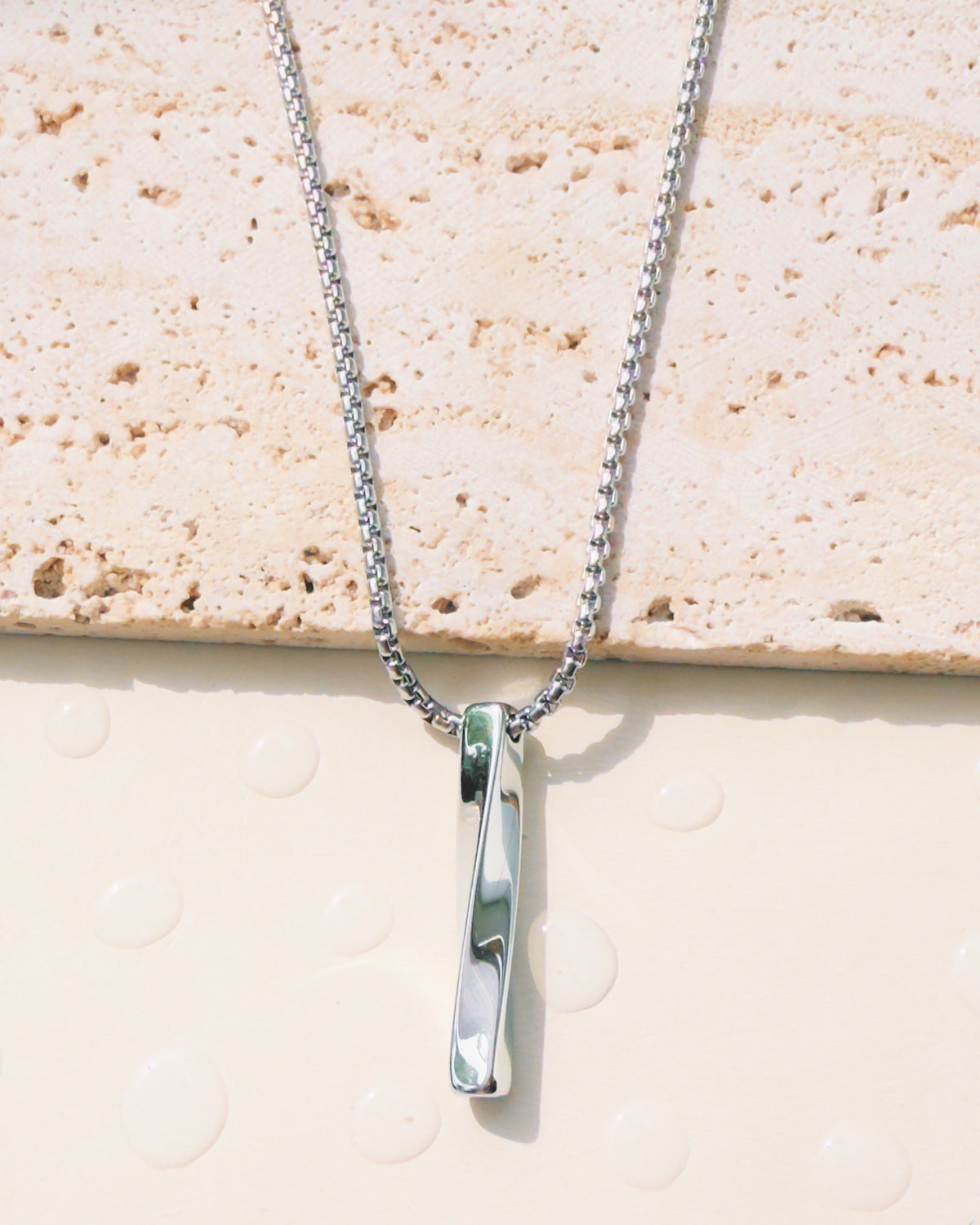 Logan (Silver) Small Box Chain Design Twisted Bar Pendant Necklace