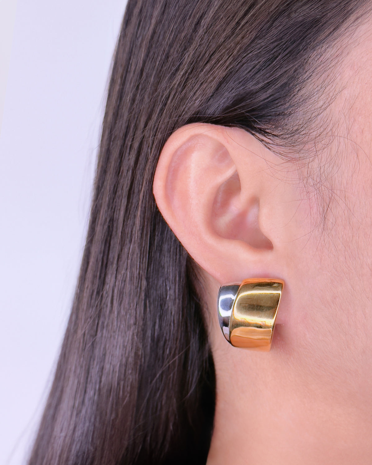 Mitch (Two Tone) Layered Design Silver Gold Wide Trapezoidal Shaped Stud Earrings