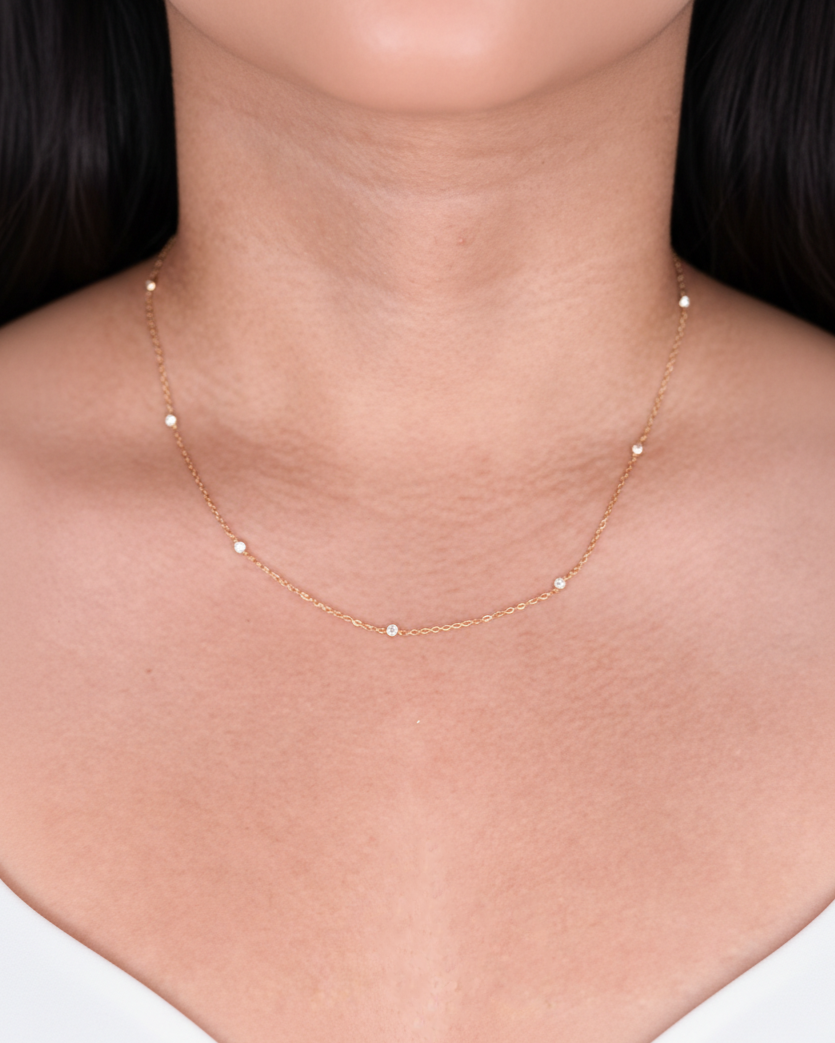 Oprah Round Zircon Inlaid Bezel Set Beaded Classic Link Chain Design (Chain Only) Gold Necklace