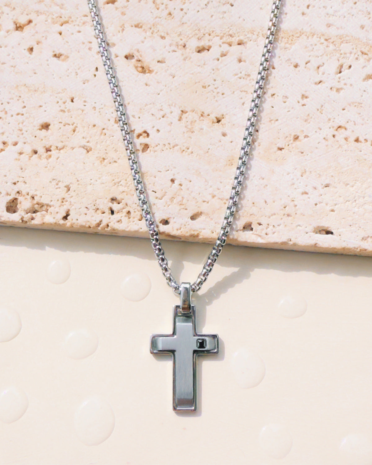Parker (Silver) Small Rounded Box Chain Design 3-Dimensional Cross Pendant Necklace