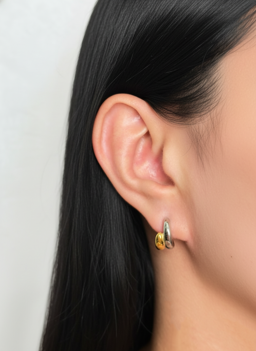 Siraevyn (Two Tone) Double Layer C-Shaped Stacked Silver Half Gold Studs Earrings