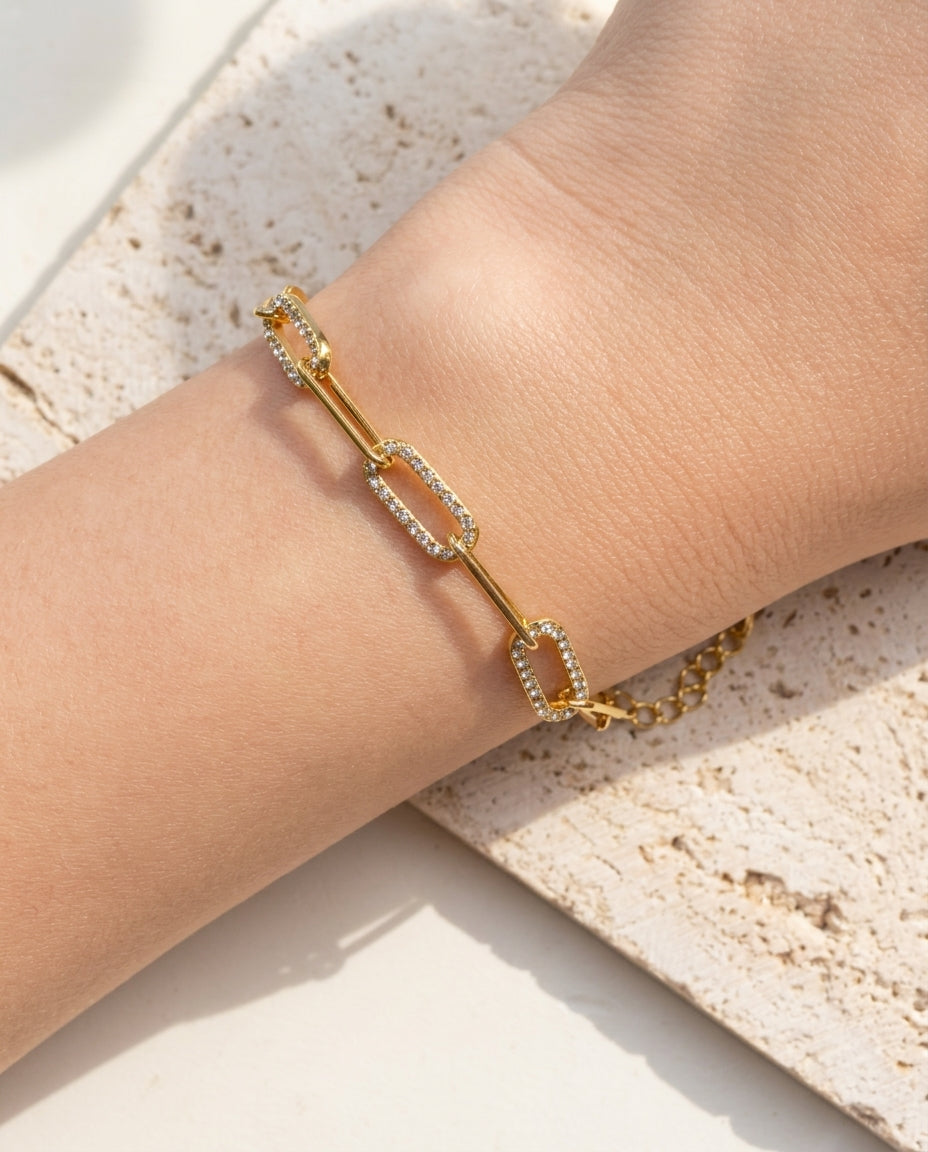 Ada Zircon Paved Triple Paperclip Alternate Paperclip Link Chain Gold Bracelet