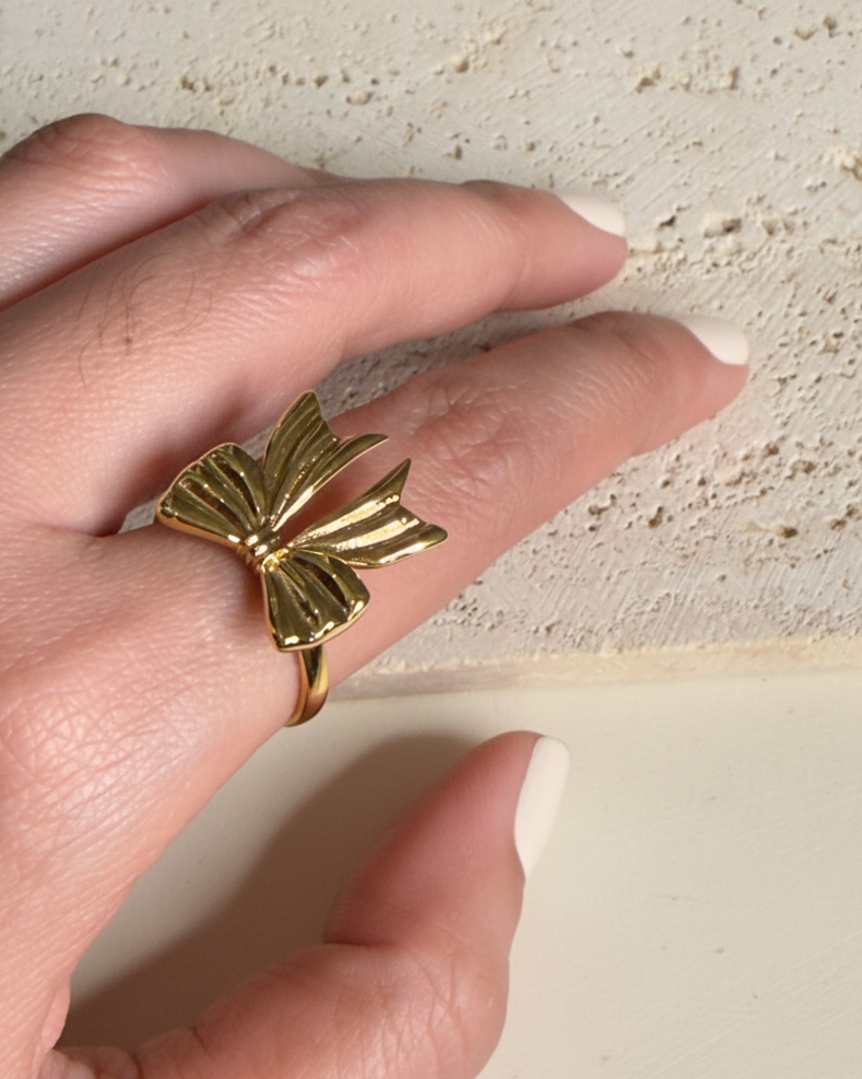 Alera Golden Bow Ribbon Shaped Top Head Open Design Gold Ring