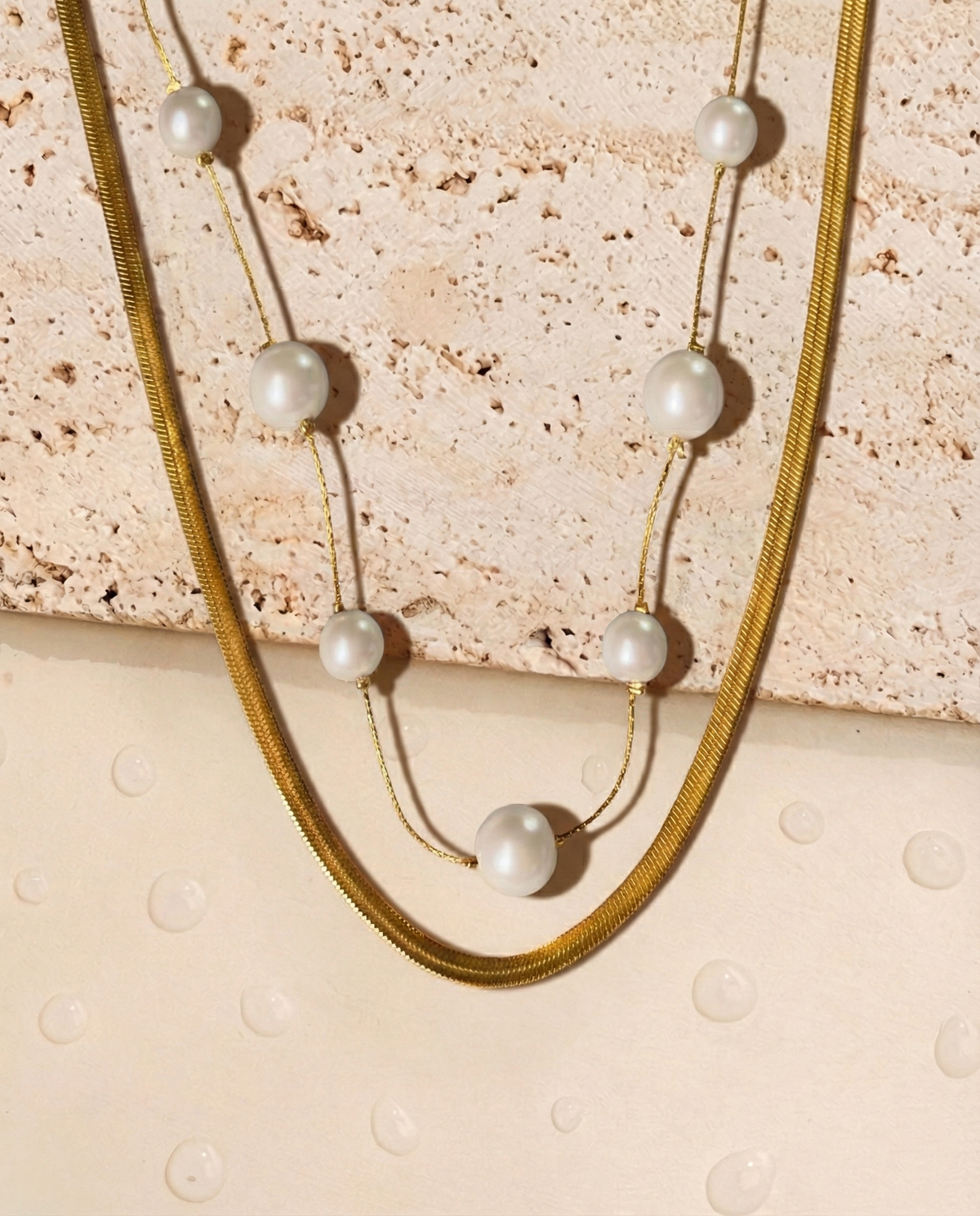 Arlen (Bundle Set) 2 Necklaces Double Layer Pearl Beaded Thin Anchor Chain Wide Flat Snake Chain Gold Necklace