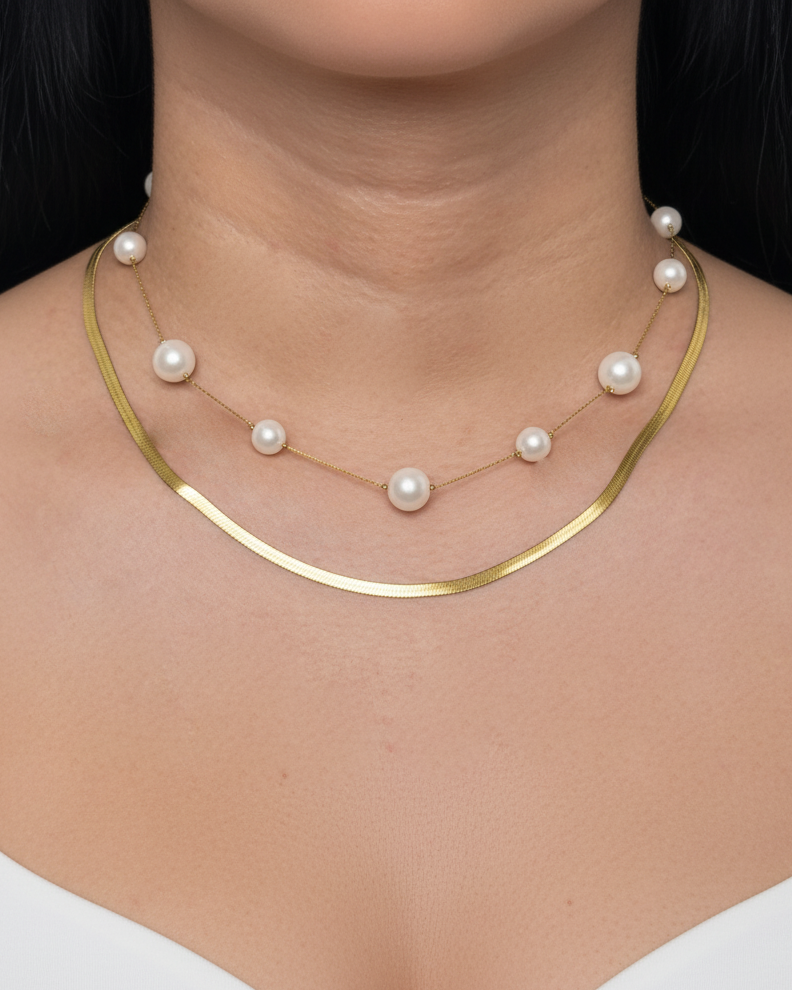 Arlen (Bundle Set) 2 Necklaces Double Layer Pearl Beaded Thin Anchor Chain Wide Flat Snake Chain Gold Necklace