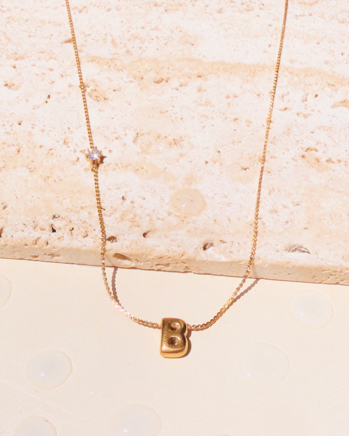 Marieta Letter Initials (A-Z) Rounded Puffy Design Center Pendant Zircon Side Pendant Thin Snake Chain Gold Necklace