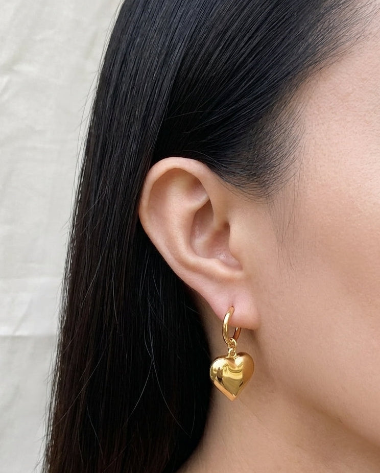 Betsy (Gold) C-Shaped Huggies Stud Solid Heart Dangle Design Gold Drop Earrings