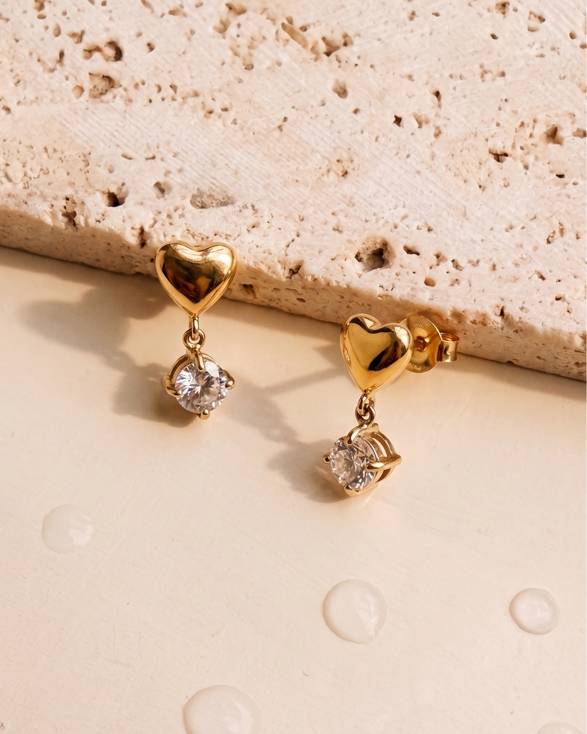Bridget Heart Shaped Stud Round Zircon Crown Set Dainty Gold Drop Earrings