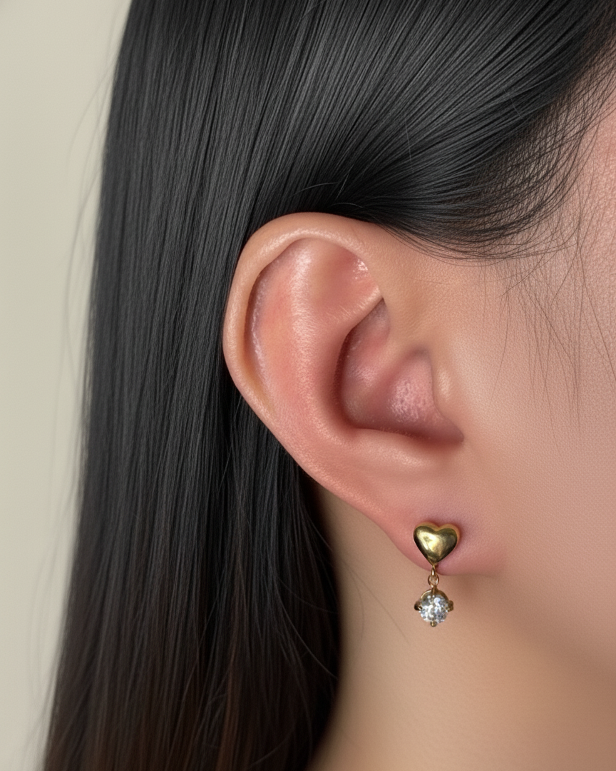 Bridget Heart Shaped Stud Round Zircon Crown Set Dainty Gold Drop Earrings