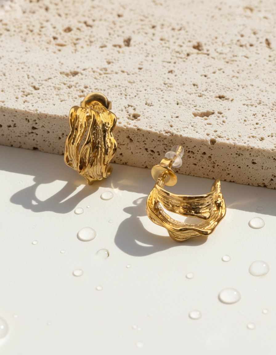 Britta Wood Bark Texture C-Shaped Split Design Gold Hoop Drop Earrings