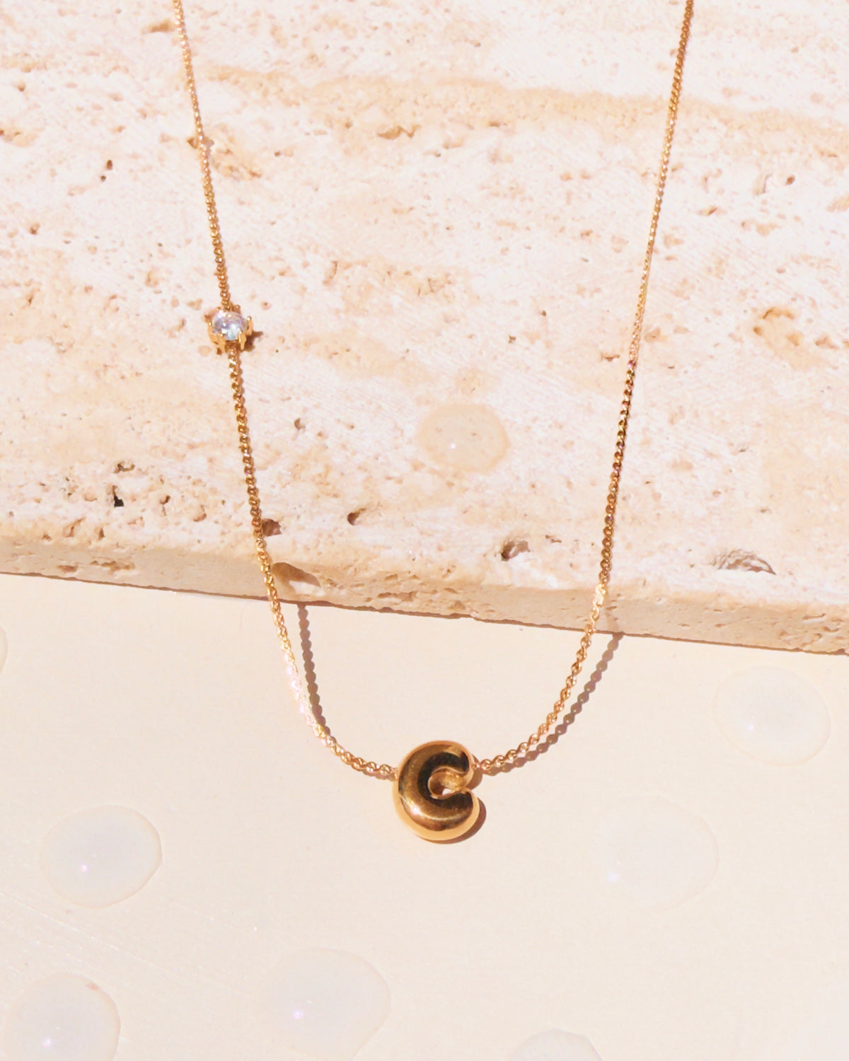 Marieta Letter Initials (A-Z) Rounded Puffy Design Center Pendant Zircon Side Pendant Thin Snake Chain Gold Necklace