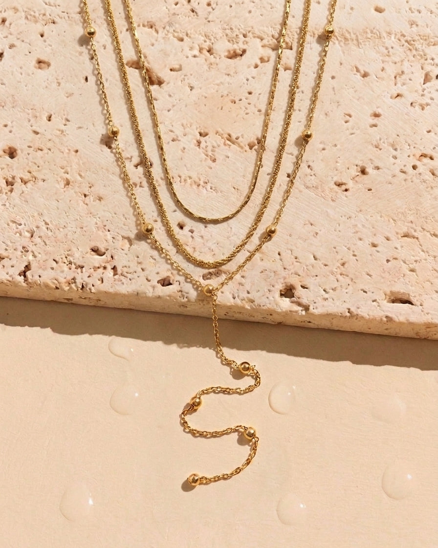 Caia Three Layer Thin Anchor Chain Twisted Rope Chain Ball Beaded Classic Link Chain Choker Necklace Tassel Chain Drop Design (Chain Only) Gold Necklace