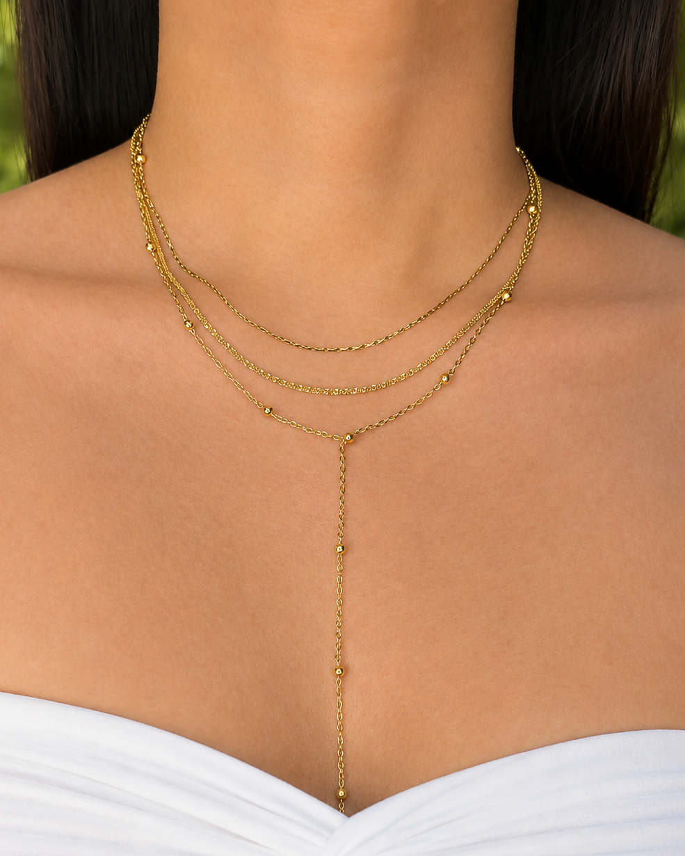 Caia Three Layer Thin Anchor Chain Twisted Rope Chain Ball Beaded Classic Link Chain Choker Necklace Tassel Chain Drop Design (Chain Only) Gold Necklace