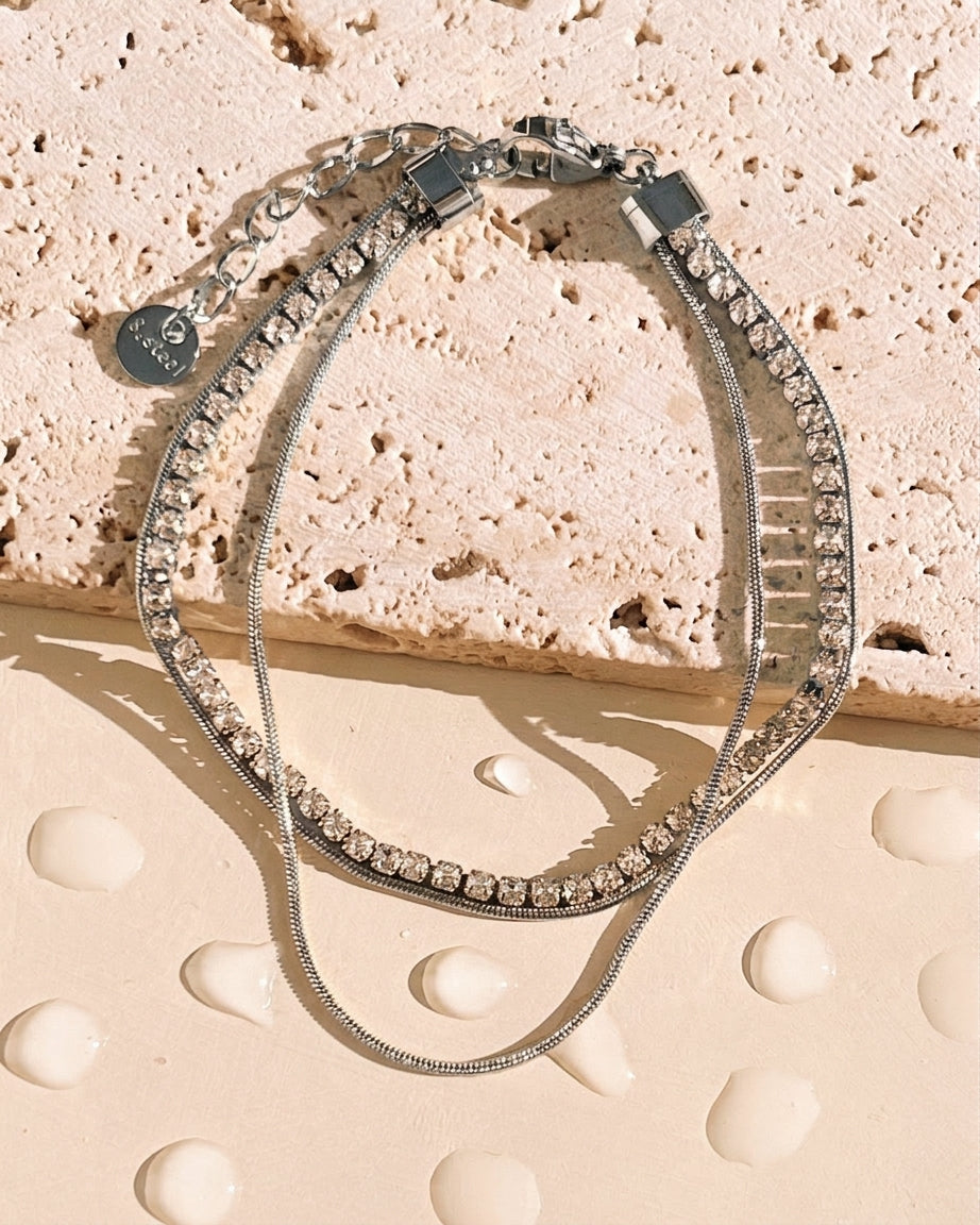 Calanthe (Silver) Triple Layer Center Zircon Tennis Chain Two Thin Snake Chain Silver Bracelet