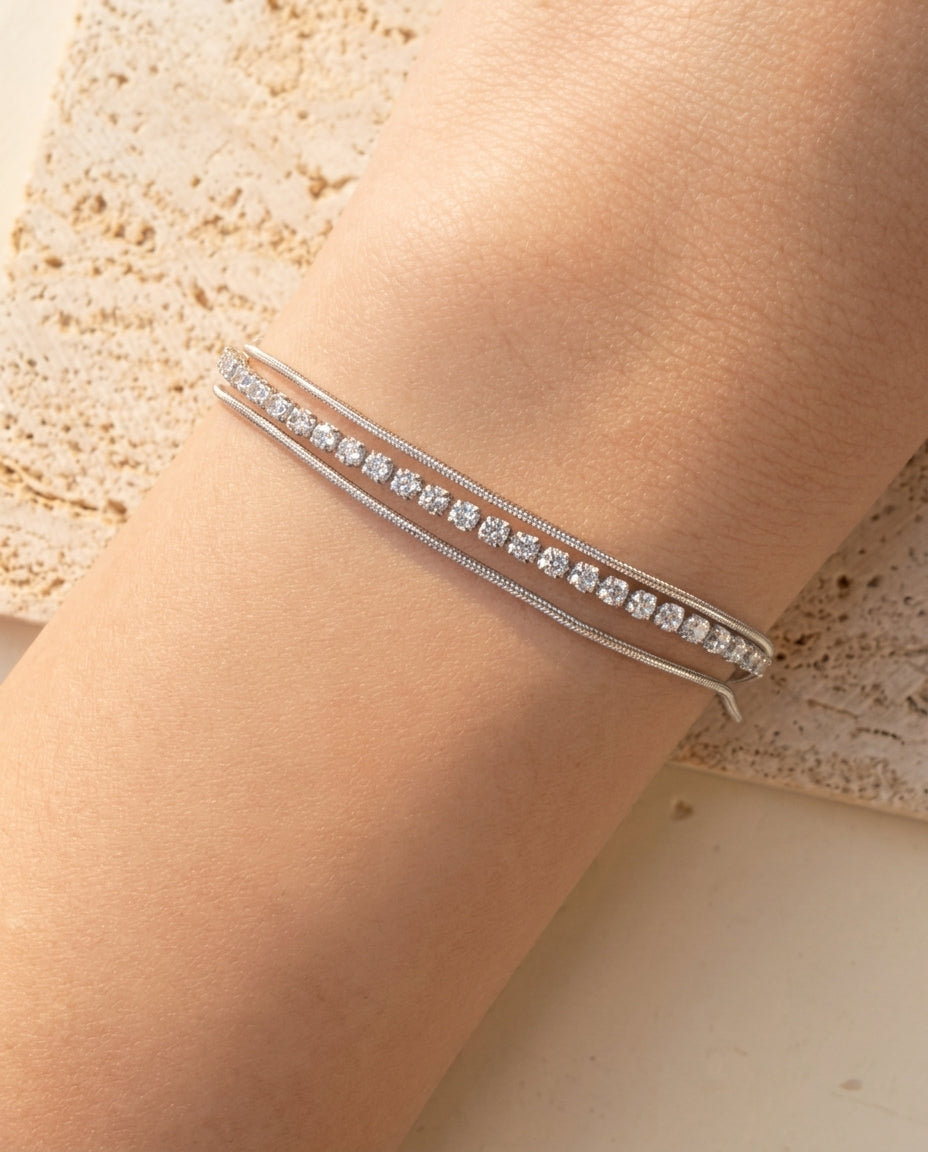 Calanthe (Silver) Triple Layer Center Zircon Tennis Chain Two Thin Snake Chain Silver Bracelet