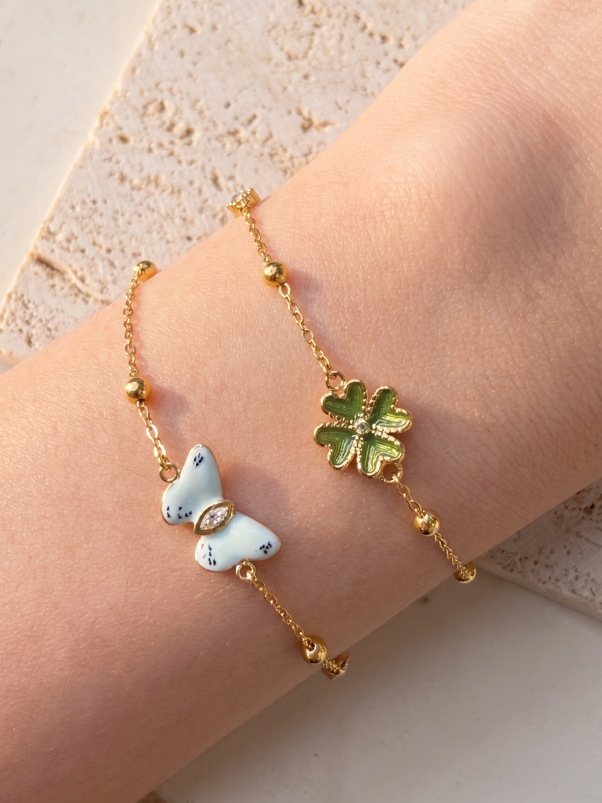 Claudette Double Layer White Butterfly Rhinestone Zircon Green Clover Rhinestone Pendants Round Zircon Ball Beads Classic Thin Link Chain Gold Bracelet