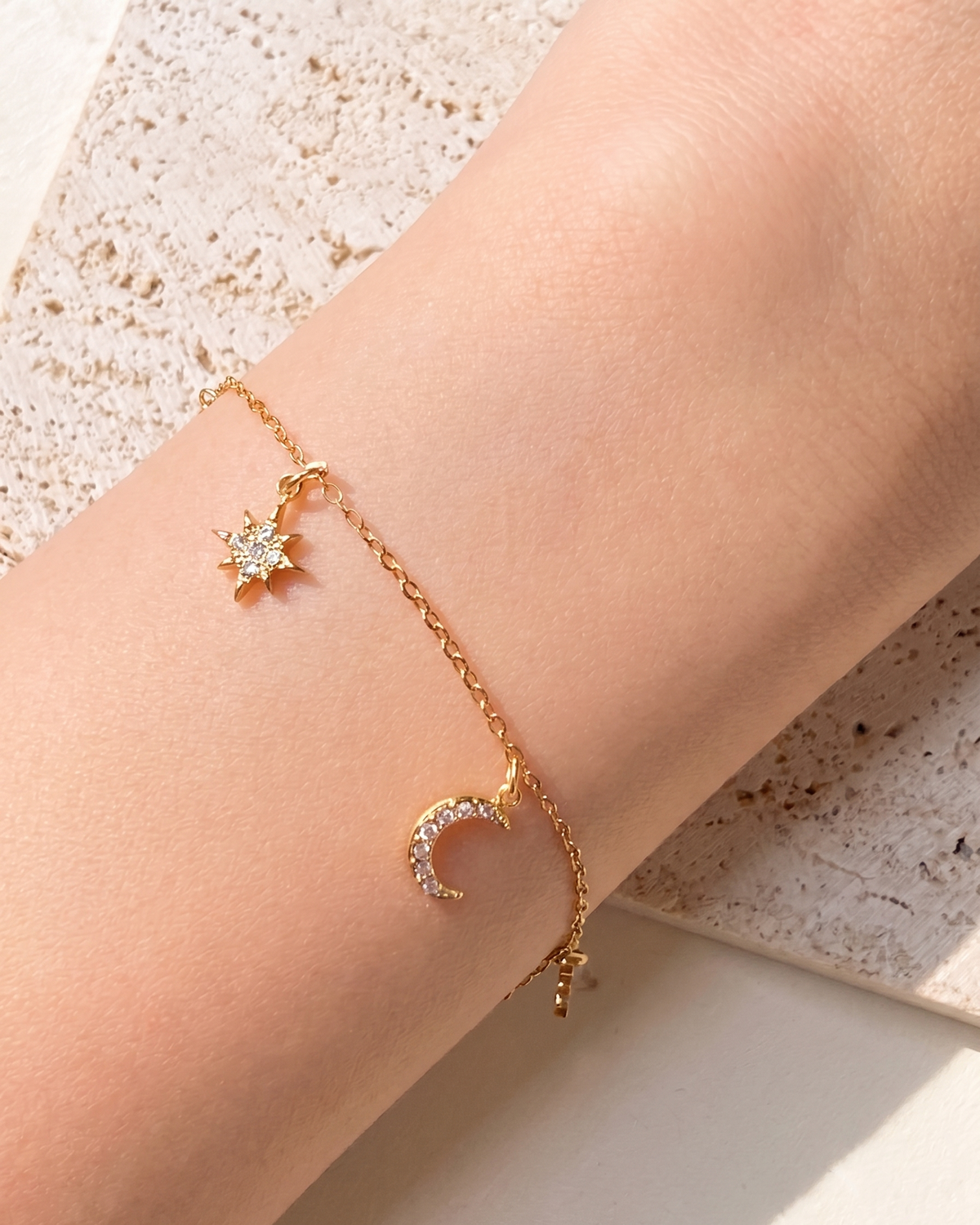 Caprice Zircon Star Moon Hollow Sun Pendants Classic Thin Link Chain Gold Bracelet / Anklet