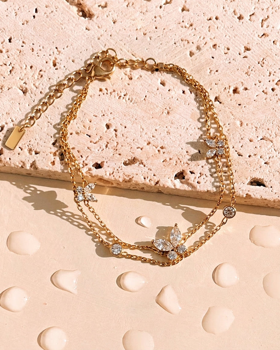 Carlota Double Layer Butterfly Zircon Round Zircon Bezel Set Pendants Classic Thin Link Chain Gold Bracelet