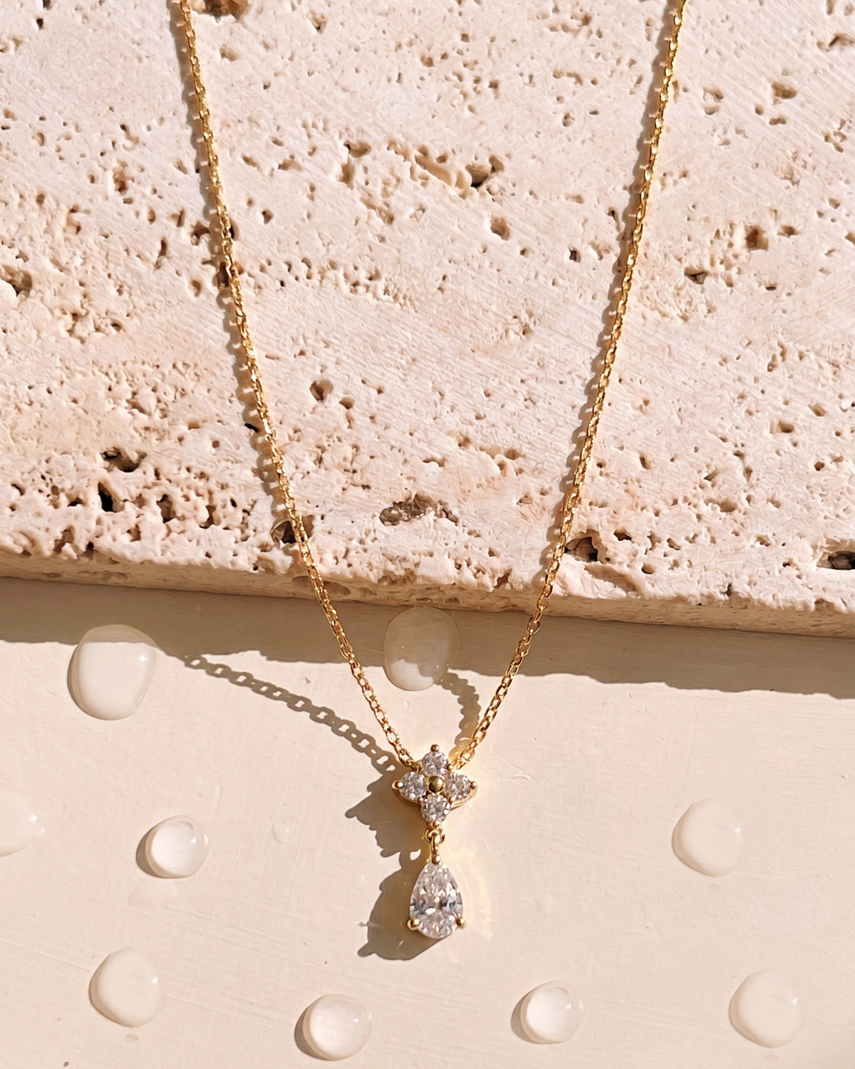 Carmina (Gold) Clover Crowned Zircon Waterdrop Bezel Set Pendant Classic Link Chain Gold Necklace