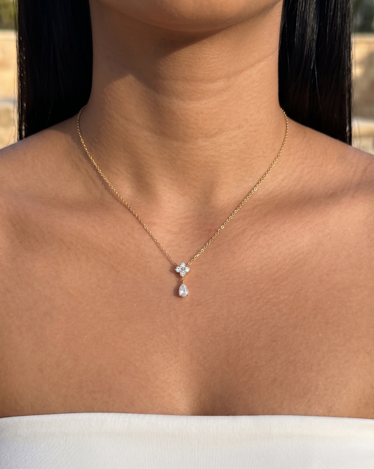 Carmina (Gold) Clover Crowned Zircon Waterdrop Bezel Set Pendant Classic Link Chain Gold Necklace