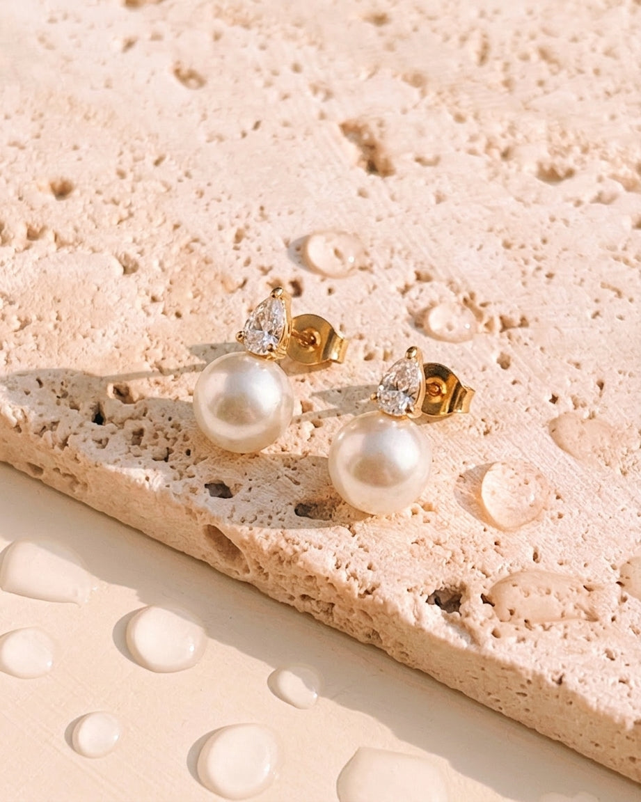 Catalina Waterdrop Zircon Crowned Set Stud Pearl Drop Gold Earrings